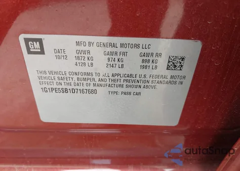 2013 Chevrolet Cruze 2Lt Auto z USA, uszkodzony, nr VIN 1G1PE5SB1D7167680